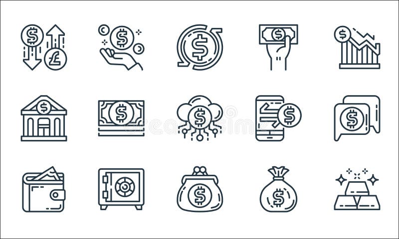 money and currency line icons. linear set. quality vector line set such as gold bars, coin purse, wallet, money bag, safe box