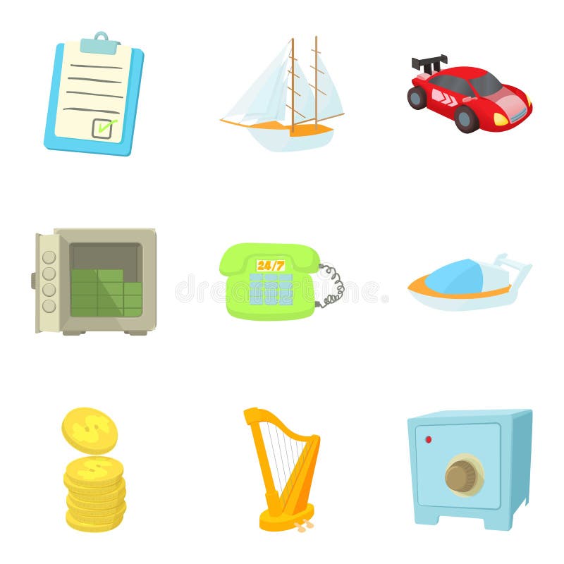 Money equivalent icons set, cartoon style