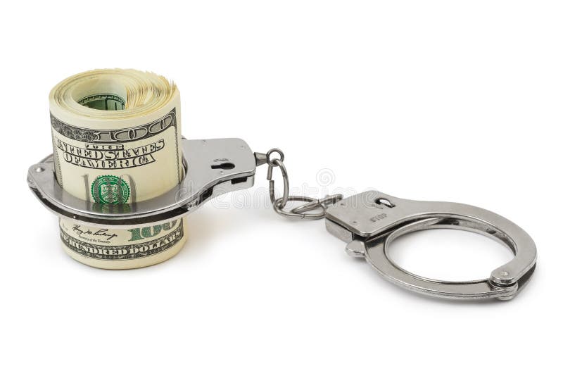 Money and handcuffs isolated on white background