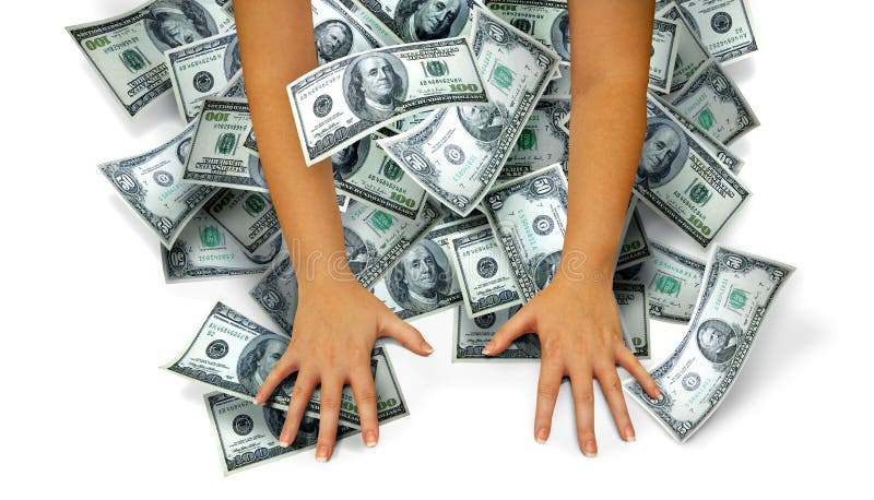Money hands. Female arms grab a lot of money on a white background. Concept for winnings or keeping money stock photo