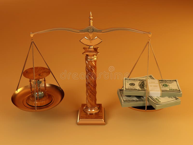 Money and hourglass on scale stock illustration
