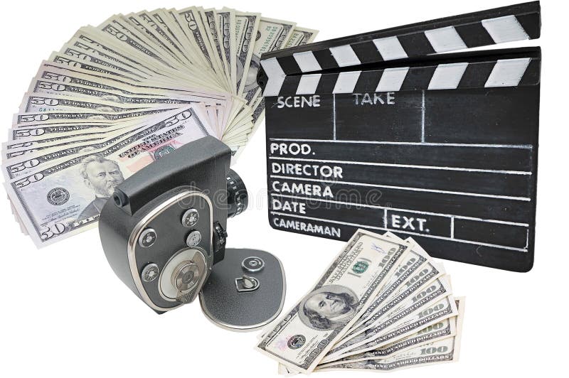 Money, old movie camera and clapperboard on a whit