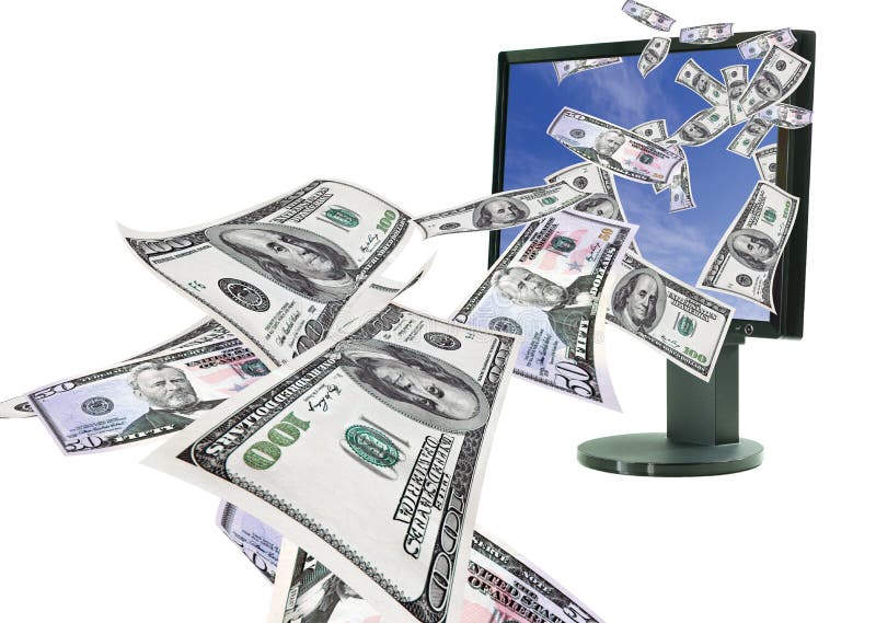 Money online. Stream of Money flying from computer monitor sky. 50s and 100s royalty free stock image Money online. Stream of Money flying from computer monitor sky. 50s and 100s royalty free stock image
