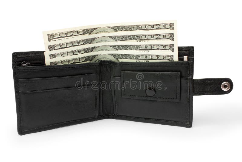 Money in an open black leather purse on a white background isolated