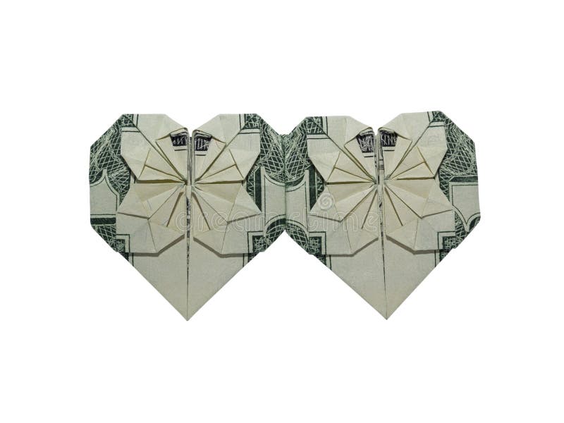 Money Origami Double HEARTS Folded with Real One Dollar Bill Isolated on White Background