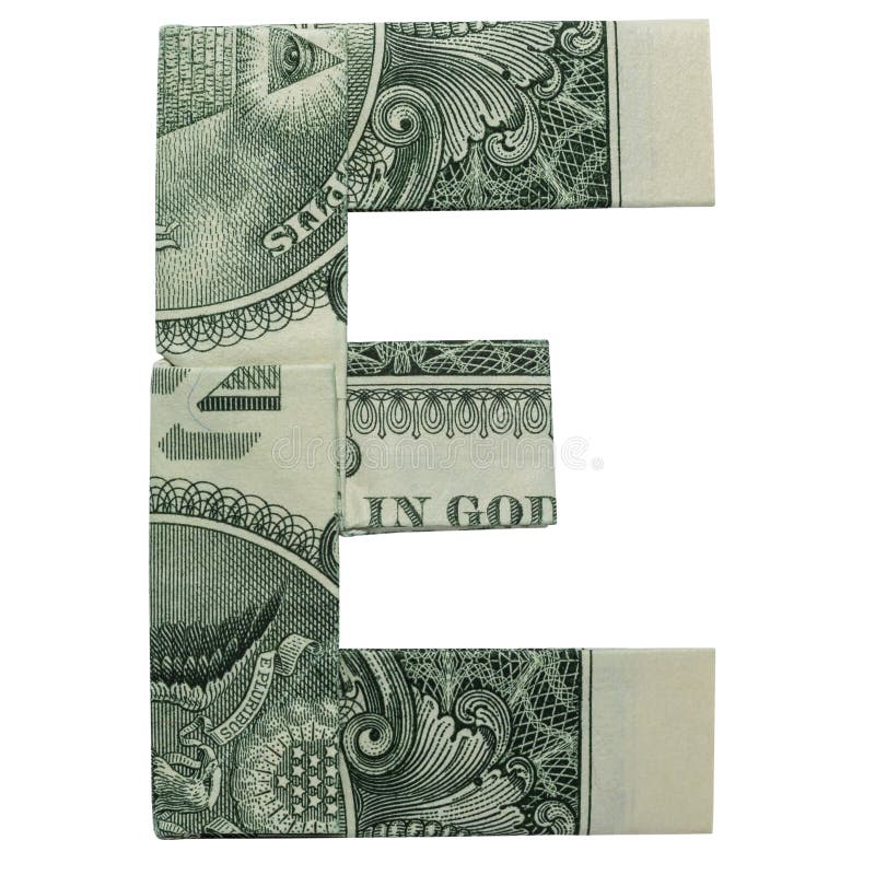 Money Origami LETTER E Postać złożona z prawdziwego dolara Bill izolowany na białym tle