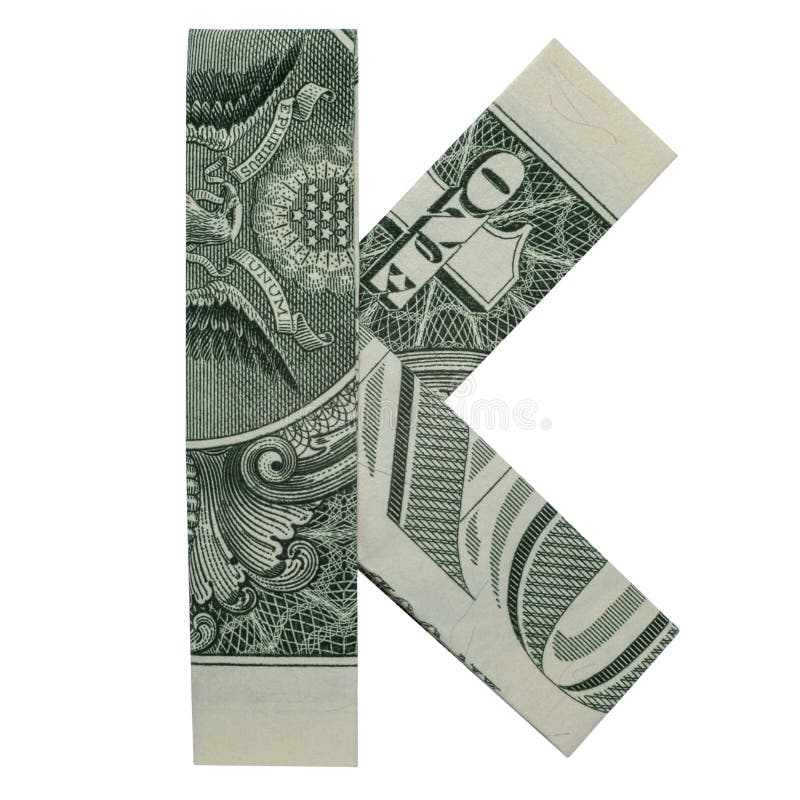 Money Origami LETTER K Folded with Real One Dollar Bill Isolated on White Background