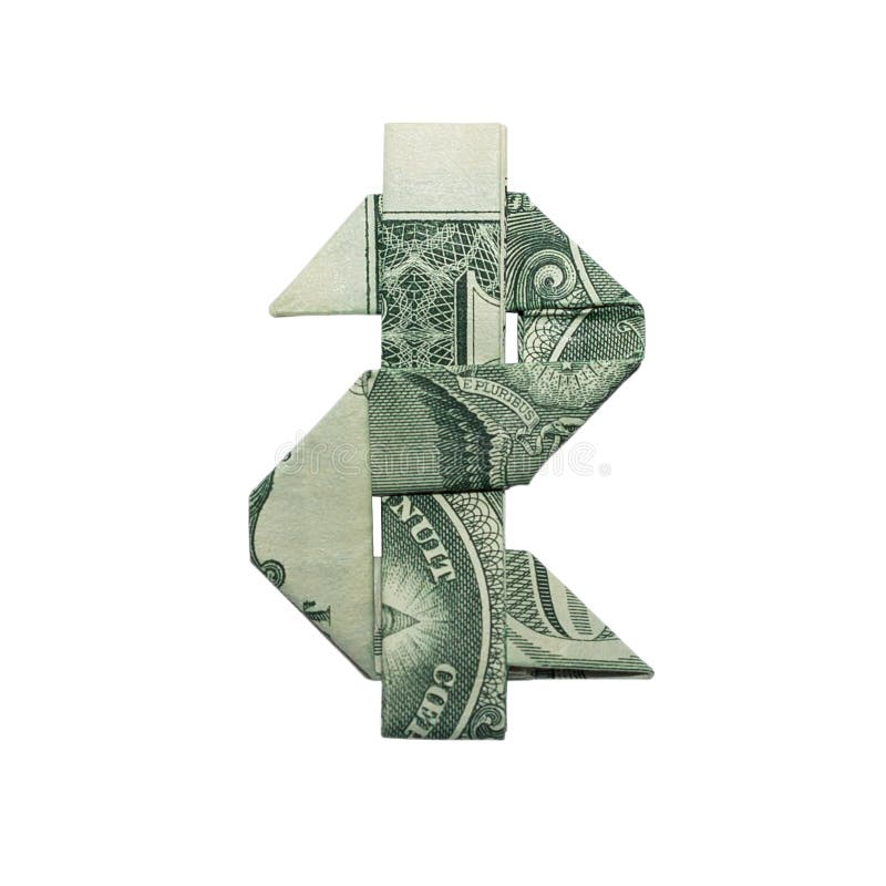 Money Origami Reverse DOLLAR SIGN Folded with Real One Dollar Bill Isolated on White Background