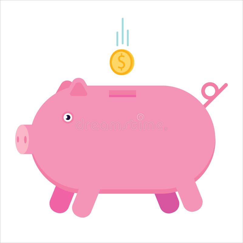 Money pig. Cute piggy bank with flying gold coin cartoon flat style vector illustration isolated on white background. stock illustration Money pig. Cute piggy bank with flying gold coin cartoon flat style vector illustration isolated on white background. stock illustration