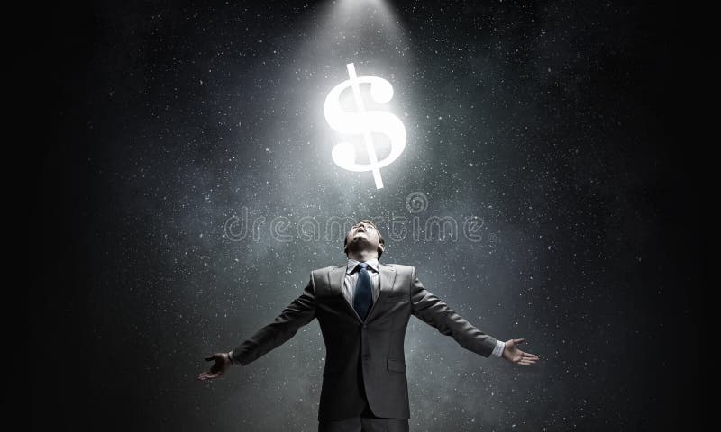 Businessman with hands spread apart and money sign above. Businessman with hands spread apart and money sign above