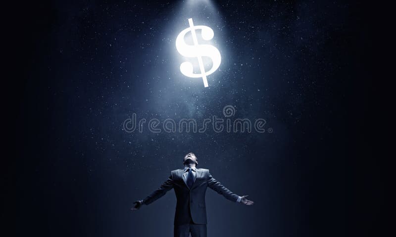 Businessman with hands spread apart and money sign above. Businessman with hands spread apart and money sign above