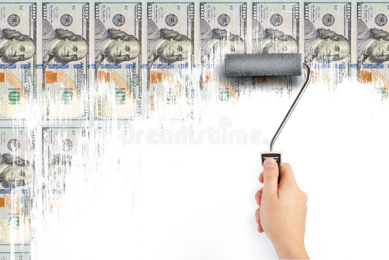 Money printing. Printing press of US dollars. Economic incentives. Inflation and the economic crisis. Male hand draws us dollars royalty free stock photos