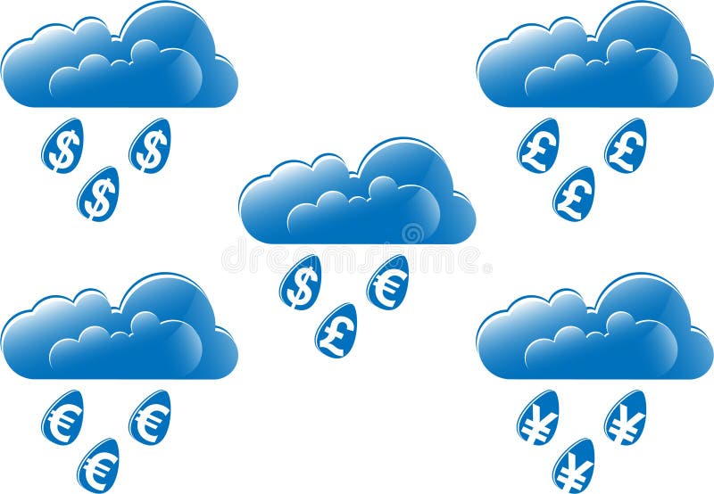Rain from different money signs, raining clouds. Fortune raining vectors