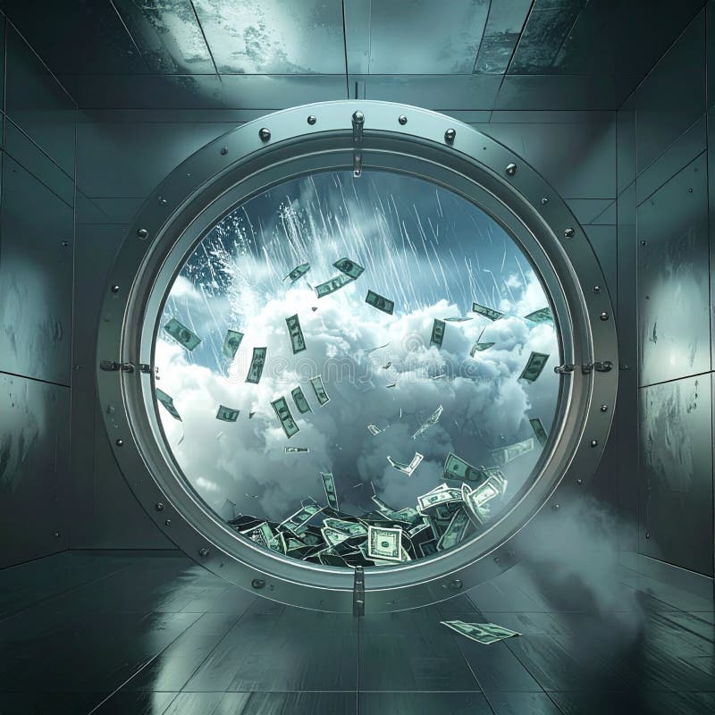 A surreal scene of US dollar bills raining down inside a secure vault, viewed through a circular window showing a turbulent, cloudy sky. Fortune raining illustrations