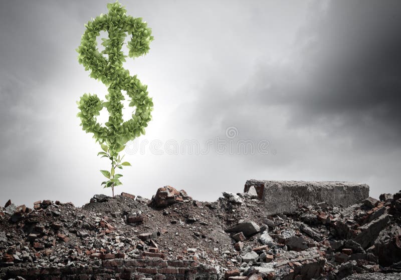 Conceptual image of green dollar sign growing on ruins. Conceptual image of green dollar sign growing on ruins