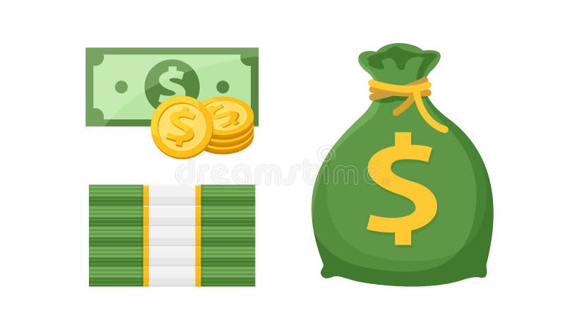 Money stacks, gold medal coin and bag money isolated on white, banknote and medal icon, bank note and medal dollar golden money stock illustration