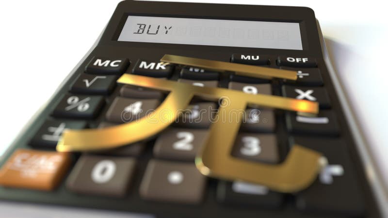BUY text on calculator display and renminbi currency symbol. Conceptual 3d rendering. Money symbol on the keys and text on calculator display