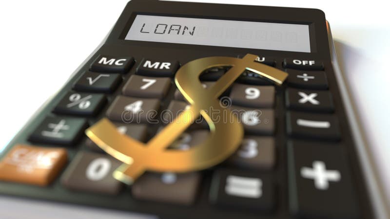 Dollar money symbol on the keys and LOAN text on calculator display, conceptual 3d rendering stock illustration
