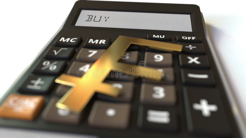 Franc currency symbol on the keys and BUY text on calculator display. Conceptual 3d rendering vector illustration