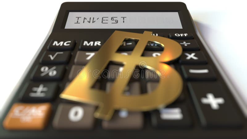 INVEST text on calculator display and baht money symbol. Financial concept. 3d rendering royalty free illustration