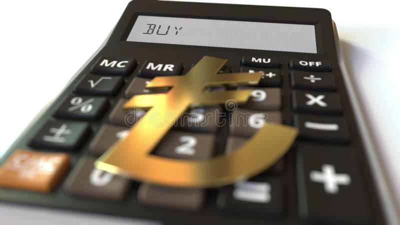 Lira currency symbol on the keys and BUY text on calculator display. Conceptual 3d rendering royalty free illustration