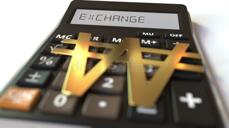 Won currency symbol on the keys and EXCHANGE text on calculator display. Conceptual 3d rendering royalty free illustration