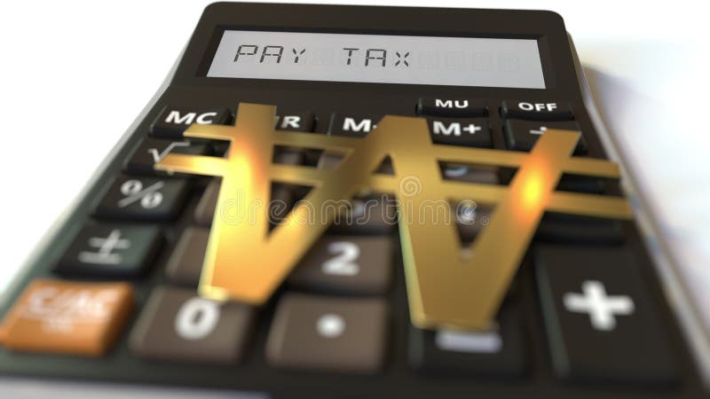 Won money symbol on the keys and PAY TAX text on calculator display, conceptual 3d rendering stock illustration