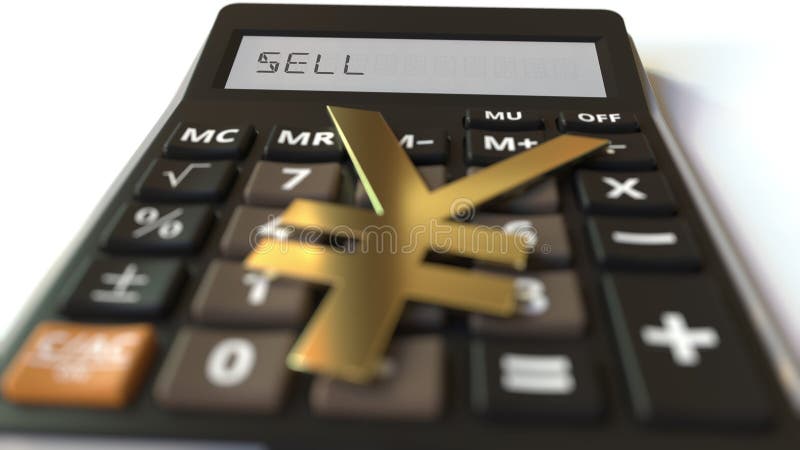 Yen money symbol on the keys and SELL text on calculator display, conceptual 3d rendering royalty free illustration