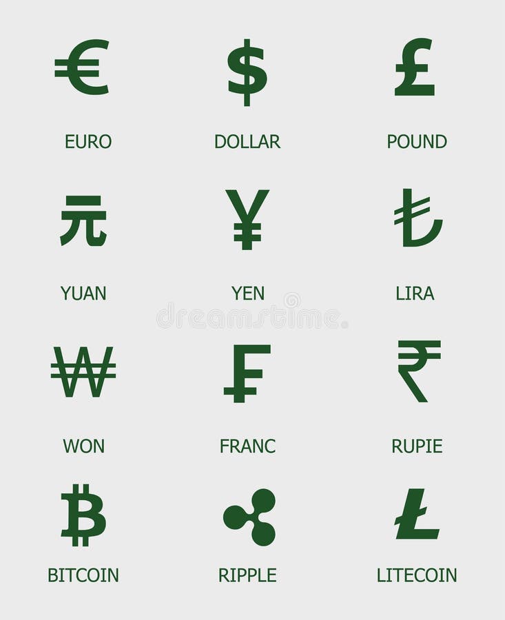 Money symbols, currency and crypto currency collection