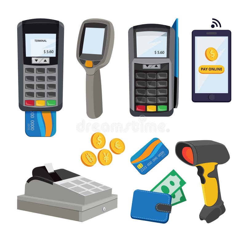 Money terminal. Bank cards payment. Vector pictures in cartoon style vector illustration Money terminal. Bank cards payment. Vector pictures in cartoon style vector illustration