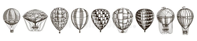Mongolfiere d'annata Retro trasporto di volo sveglio per le vacanze estive Schizzo disegnato a mano inciso illustrazione vettoriale Mongolfiere d'annata Retro trasporto di volo sveglio per le vacanze estive Schizzo disegnato a mano inciso illustrazione vettoriale