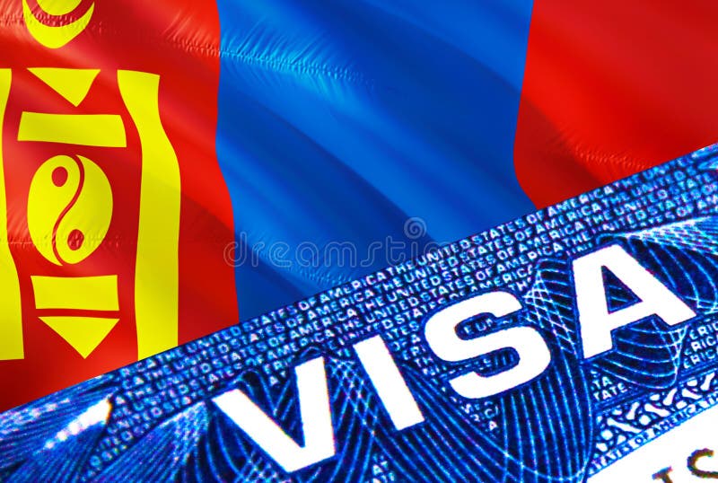 Mongolia visa document close up. Passport visa on Mongolia flag. Mongolia visitor visa in passport,3D rendering. Mongolia multi royalty free illustration