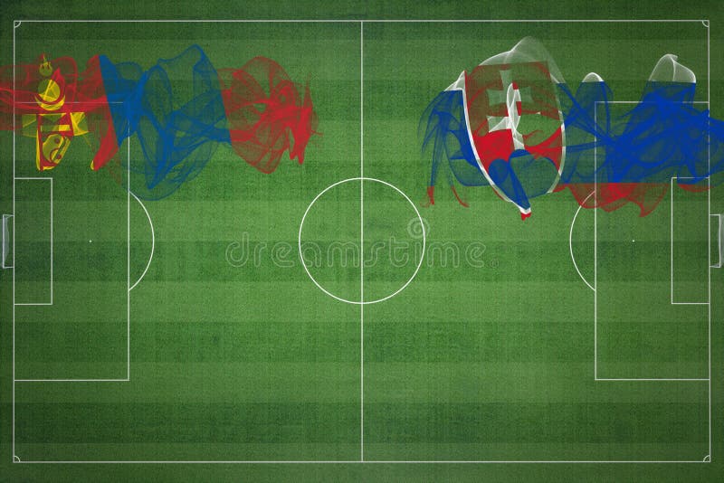 Mongolsko vs slovensko futbalový zápas, národné farby, národné vlajky, futbalové ihrisko, futbalový zápas, kopírovať priestor