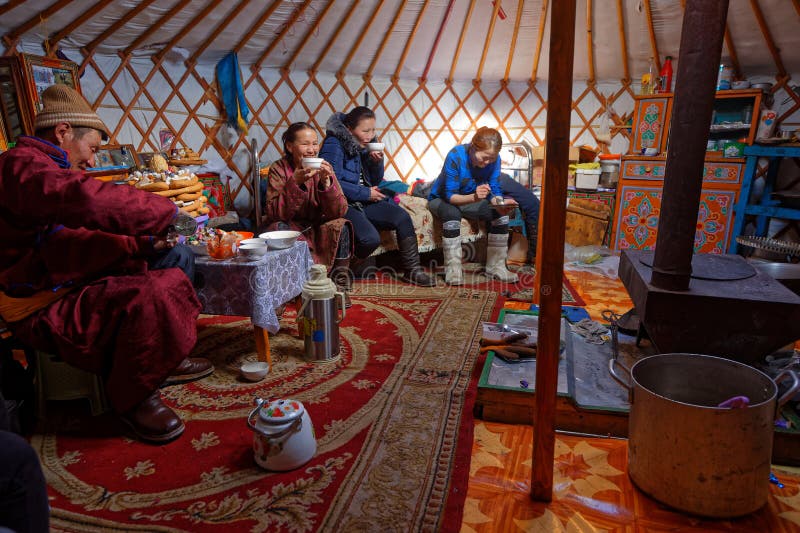 KHATGAL, MONGOLIA, February 25, 2020 : Mongolian people visit their family and friends in their yurts during Tsagaan Tsar, the mongolian new year. KHATGAL, MONGOLIA, February 25, 2020 : Mongolian people visit their family and friends in their yurts during Tsagaan Tsar, the mongolian new year