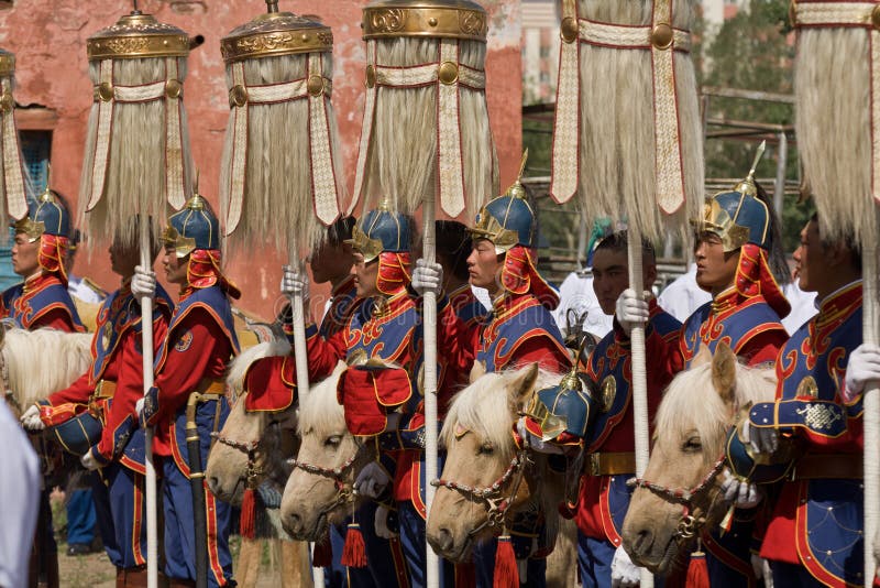 Mongolian Cavalry and nine white yak tails stock image