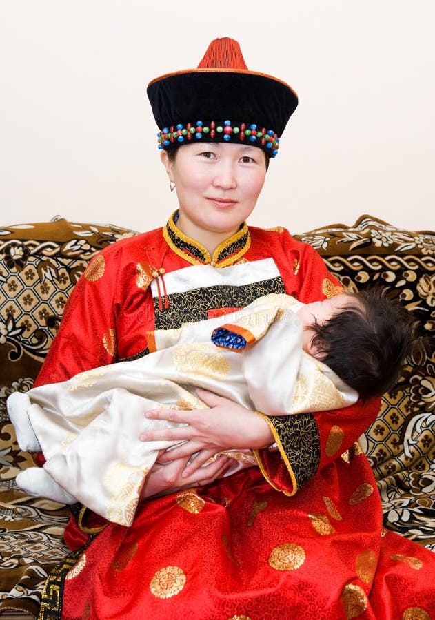 Mongolian woman and baby stock photo