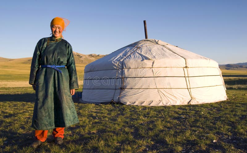 Mongolian Woman Standing Tent Outdoors Concept royalty free stock image