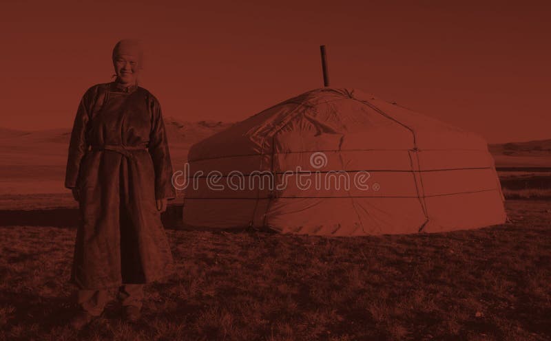 Mongolian Woman Standing Tent Outdoors Tranquil Concept stock photo
