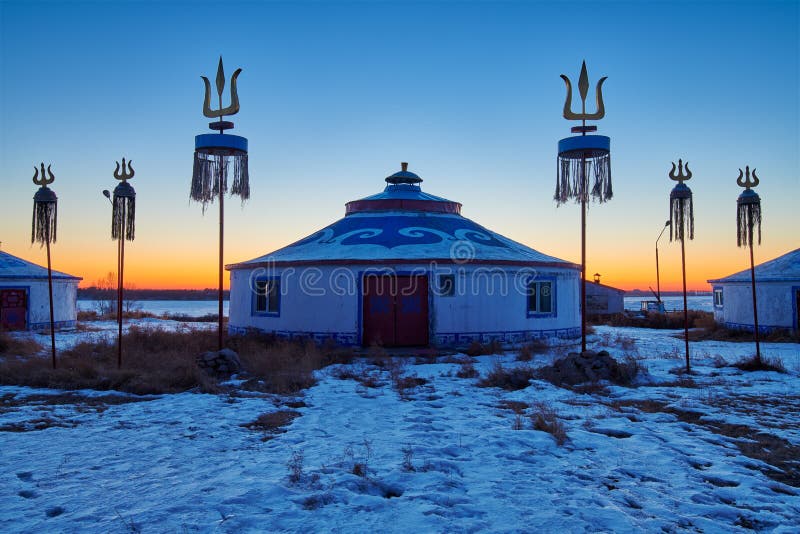 The Mongolian yurts sunset in winter