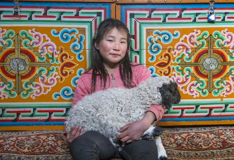 Mongolisches Mädchen innerhalb ihres Haupt-Gers mit ihren Haustierbabyschafen