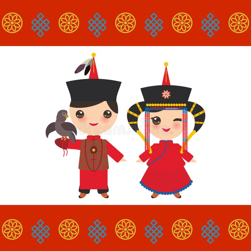 Mongools jongen en meisje in rode nationale kostuum en hoed Het malplaatje van de kaartbanner, Mongools ornament Beeldverhaalkind stock illustratie Mongools jongen en meisje in rode nationale kostuum en hoed Het malplaatje van de kaartbanner, Mongools ornament Beeldverhaalkind stock illustratie