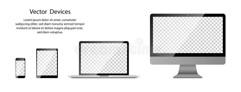Moniteur réaliste de téléphone, de Tablette, d'ordinateur portable et d'ordinateur avec l'écran transparent sur le fond vide illustration de vecteur