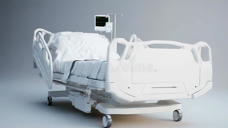 Κενό νοσοκομειακό κρεβάτι με ιατρικό monitor και καθαρά λευκά σεντόνια απόθεμα βίντεο