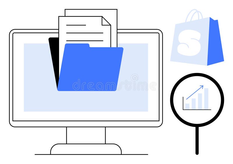 Digital File Management on Monitor with Analytics and Online Shopping Bag royalty free illustration