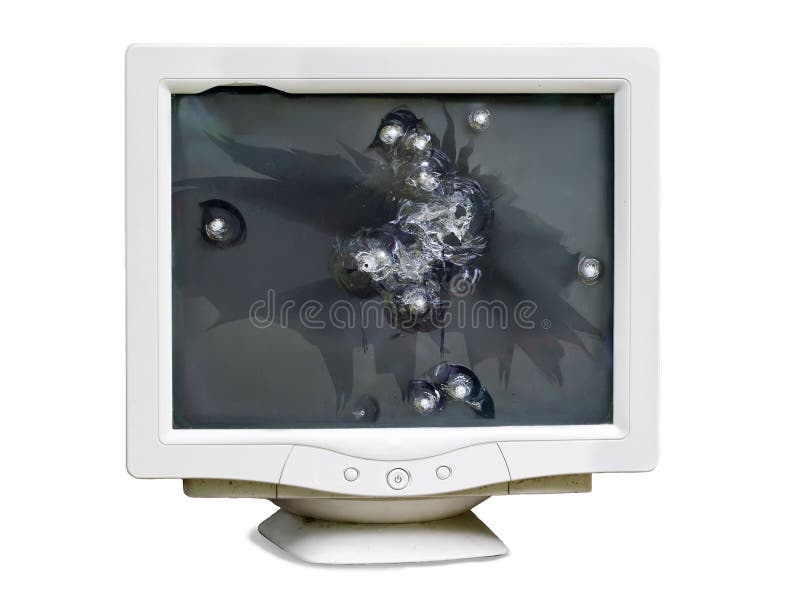 Monitor Quebrado Com Buracos De Bala Na Tela Isolada No Fundo Branco