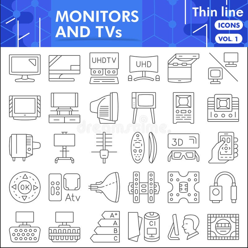 Monitor and Tv Line Icon Set, Tv Accessories Symbols Collection or