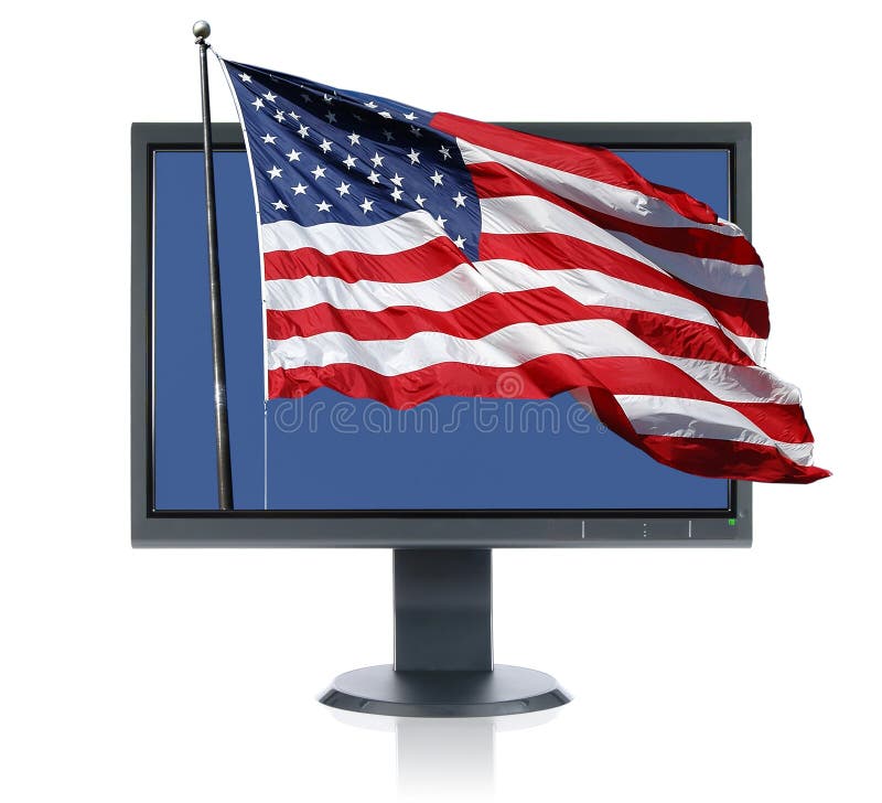 LCD monitor and USA flag isolated over a white background