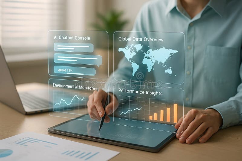 Monitoreo ambiental y perspectivas de rendimiento a través de una consola de chatbot de IA y un mapa de datos global visualizado a libre illustration
