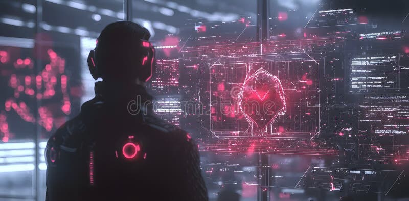 Monitoring cybersecurity threats virtual environment digital art futuristic close-up technology concepts royalty free illustration