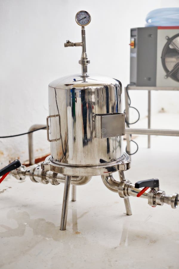 Monitoring the Fermentation Process. Steel Tanks in a Brewery. Stock